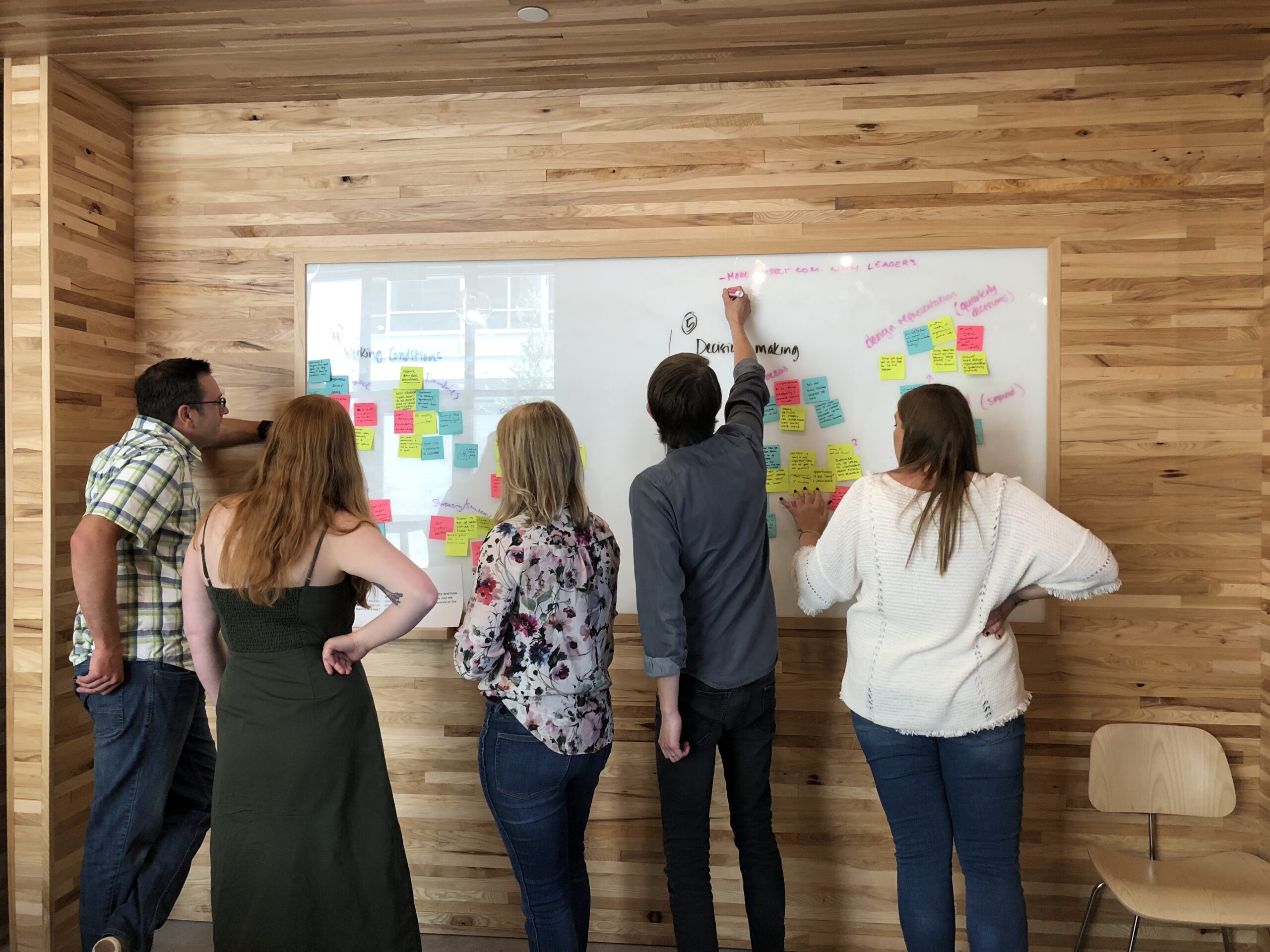 Group of people collaborating in front of a whiteboard