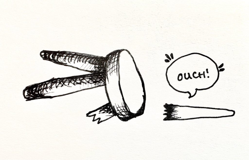 Illustration of a traditional three-legged-stool with one leg sawn off and nearby with a speech bubble that says "ouch"